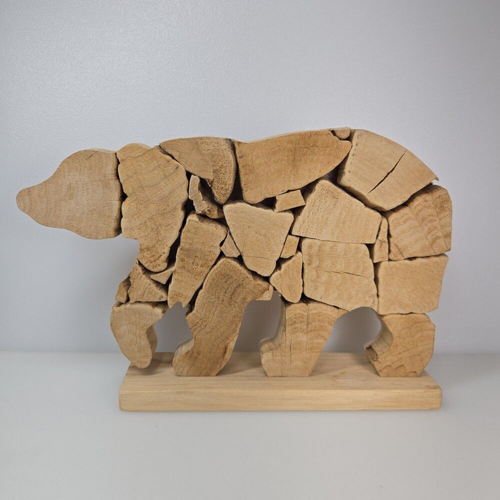Rustic Wooden Bear Sculpture Animal Decor Natural Raw Wood Art 12" Cabin Lodge